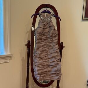 Cachet Taupe Ruched Dress with Jewel Neckline